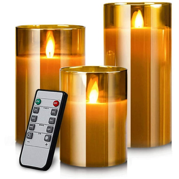 3 Pcs Flameless Birch LED Candles Moving Real Wax Battery Remote Timer
